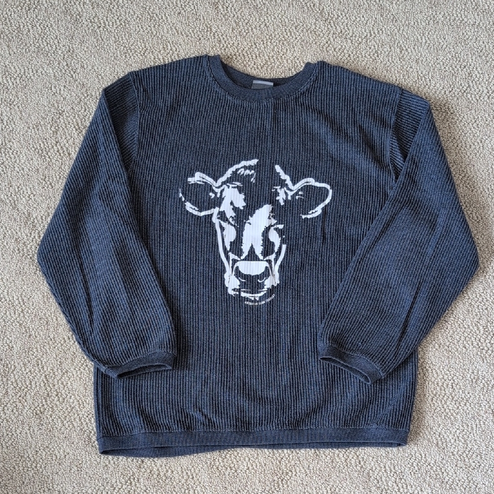 Blue Ribbed Crewneck Sweatshirt with White Cow Graphic by American Farm Company
